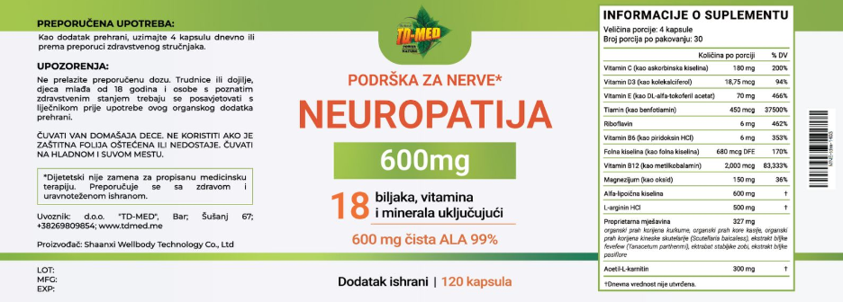 Neuropathy-Neuropatija suplement;120 kapsula,18 u 1,(Za pomoć kod neuropatskog bola,za stopala,potkožnog tkiva,ramena ,ruke, prste,noge i poboljšanje funkcija nerava)Buporal-USA;REKLAMNA AKCIJSKA cijena!!!