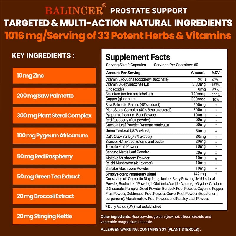 PROSTATE -podrška 60 caps. Balincer USA;Prostate Support Supplement formuliran je s vrhunskom mješavinom 33 prirodne biljke, vitamina, minerala i vitalnih nutrijenata za poboljšanje zdravlja prostate i smanjenja učestalosti noćnog mokrenja !