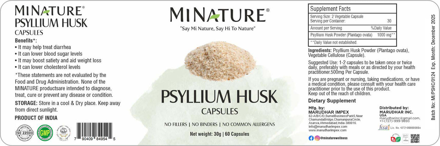 Psyllium Husk(Psilijum ljuska)60 caps./500mg;"Mi Nature"-Indija Original;Prirodna vlakna za zdravu probavu i balans crevne flore,LDL holestrola,detoxifikacija i još toga....Reklamna AKCIJA