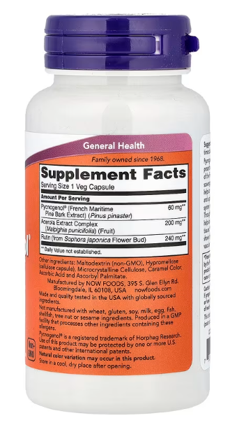 Pycnogenol (Piknogenol)60mg/50 caps sa dodatcima Acerole i Rutuna-Now Foods;Idealna mješavina za zdravlje krvnih sudova-srca,problema sa venama,zglobova i kože