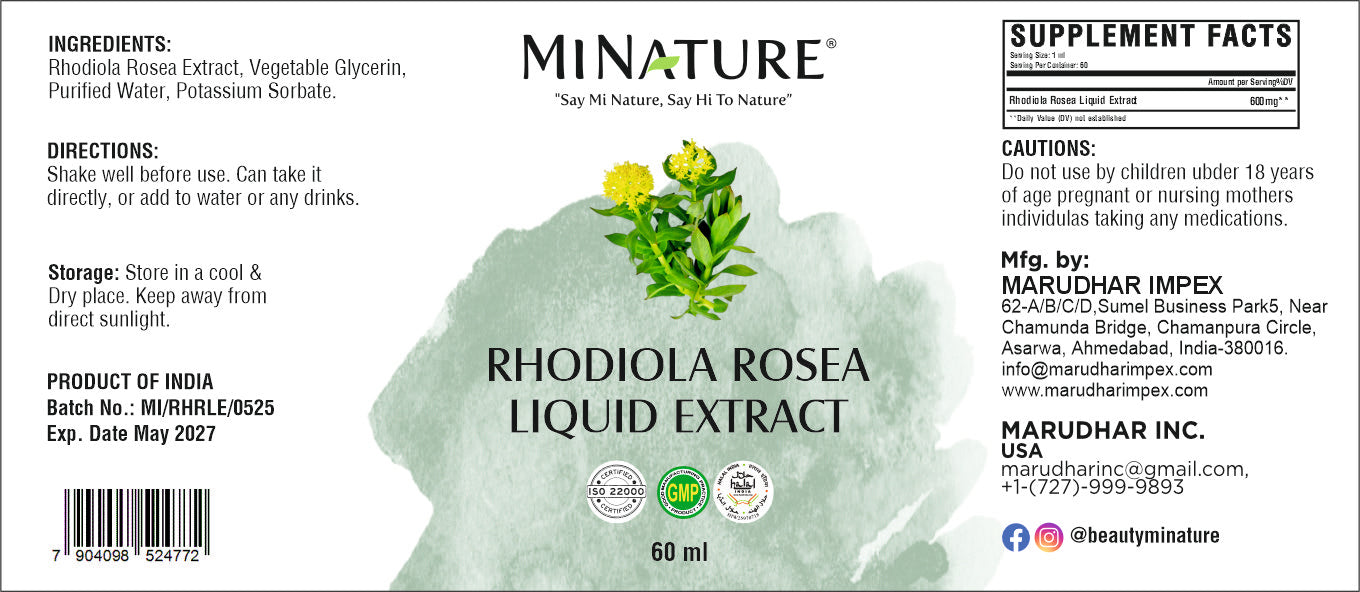 Rhodiola Rosea Extract Liquid 60ml-Organic,Mi Nature;Za sve koji žele bolji fokus,više energije  i smiren um ,Rhodiola podržava optimalnu funkciju mozga, pomaže bržem razmišljanju,raspoloženju i održava mentalnu oštrinu tokom dana