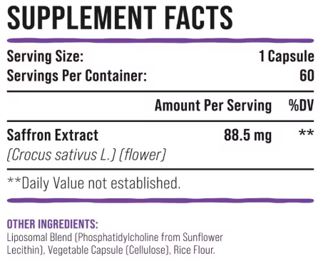 Šafran-Liposomal Saffron,100% čisti prirodni  ekstrakt šafrana 88,5 miligrama, bolja bioraspoloživost - 60 veg.caps.