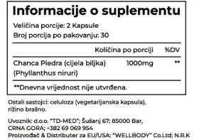 CHANCA PIEDRA-Razbijač kamena 60 kaps.1000mg doza u 2 kaps.Za rastvaranje i izbacivanje bubrežnih i žučnih kamenaca, kao i za detoksikaciju jetre i urinarnih puteva. • Naš Brend sa sertificatom ,Reklamna Akcijska cijena,iskoristi je !