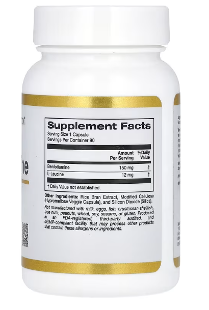 Benfotiamin s L-leucinom, 150 mg, 90 vegetarijanskih kapsula;California Gold Nutrition USA;pruža dvostruki efekat: podršku metabolizmu glukoze i ćelijskoj energiji, za bolji mišićni oporavak i snagu.