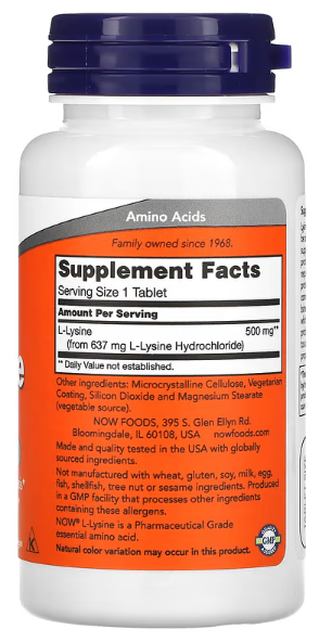 L-lizin, 500 mg, 100 tableta;NOW Foods-USA; Za podršku imunitetu, zdravlju kože,kostiju i mišića i kostiju, te za prevenciju herpes infekcija,smanjenju stresa....