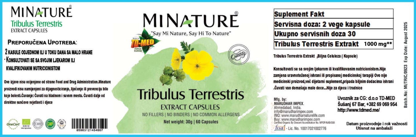 Trubulus Terrestris Extract 60 caps-450mg. Original Indija,Mi Nature