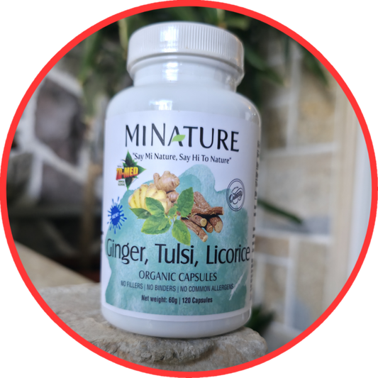 Đumbir+Tulsi+ Licorice(Sladić),120 veg.caps. Min Nature Indija;Tri biljke u sinergiji koje zajedno djeluju na imunitet, disajne puteve, probavu, i regeneraciju.Sa poklonom -Biljni sapun bez hemije