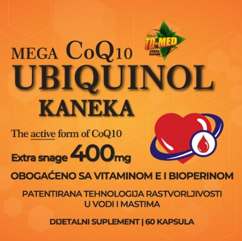 Ubikinol CoQ10 KANEKA-MEGA Ubiqunol 400mg u 2 kaps. (60 caps,);Extra snage + dodatak Vit.E i Bioperina;;"Japan-Hanzhong Bingo Aladdin Co.Ltd" za USA/EU ;Za bolji rad srca-energije,mozak,jetra i još toga ; REKLAMNA cena