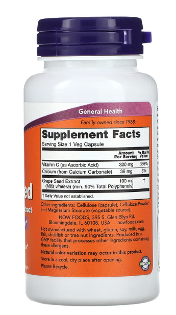 Sjemenke grožđa(Grape seed Extract), Standardizirani ekstrakt, 100 mg sa dodatkom vit.C, 100 biljnih kapsula;Now Foods USA,Idealno za : osobe sa slabom cirkulacijom, proširenim venama, visokim stresom, pušače, starije osobe i za poboljšanje vida
