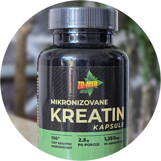 Kreatin Monohidrat Mikronizovani 100 kaps.U 2 kapsule doza od 2,5grama;Izrazito bioraspoloživiji od drugih  i manju gastrointestinalnu nelagodnost....Za veću snagu vaših mišića,energiju i veću izdržljivost