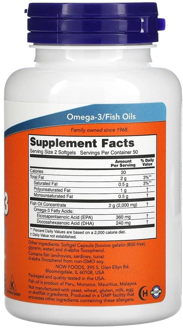 Omega-3 1000mg, 180 EPA / 120 DHA, 100 mekih kaps. NOW Foods,USA