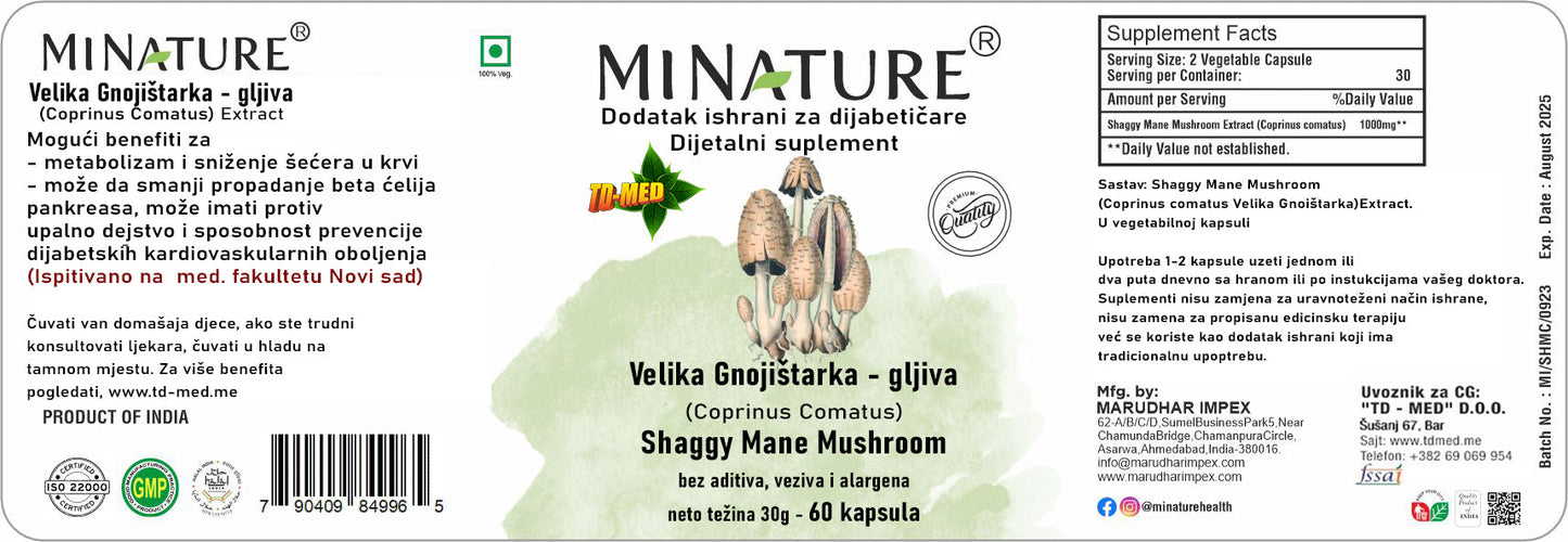 Coprimus Comatus SHAGGY Mane-"Gnojištarka" pečurka Extract 60 caps.