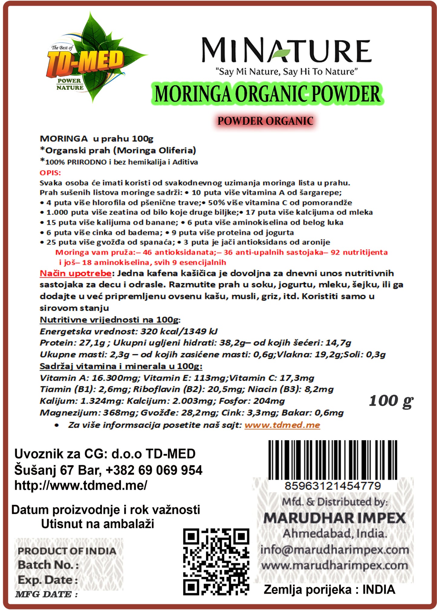 Moringa u prahu 100g , Organik  Original Indija